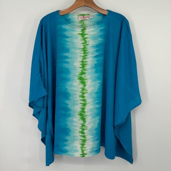 Quacker Factory By Jeanne Bice blue Tie-Dye Poncho Top size  XL embellished new - Picture 4 of 12